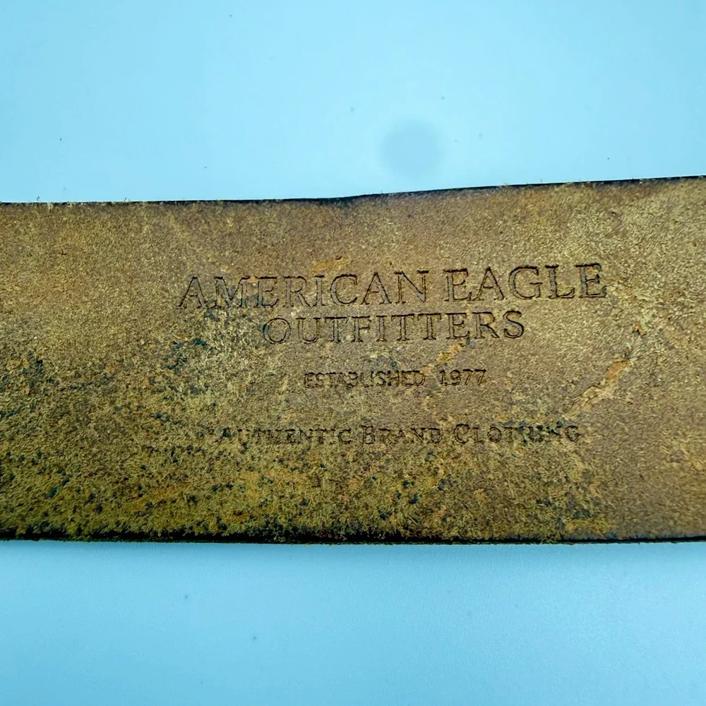 American Eagle Mens Brown Genuine Leather Belt Hammered Plaque Buckle Size 36